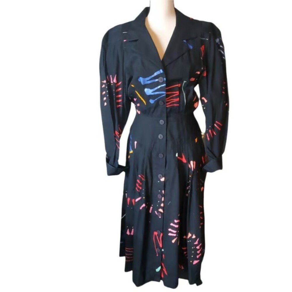 Vintage 80s 't.h.e. Design House' Handpainted Splatter Black Dress Sz Small